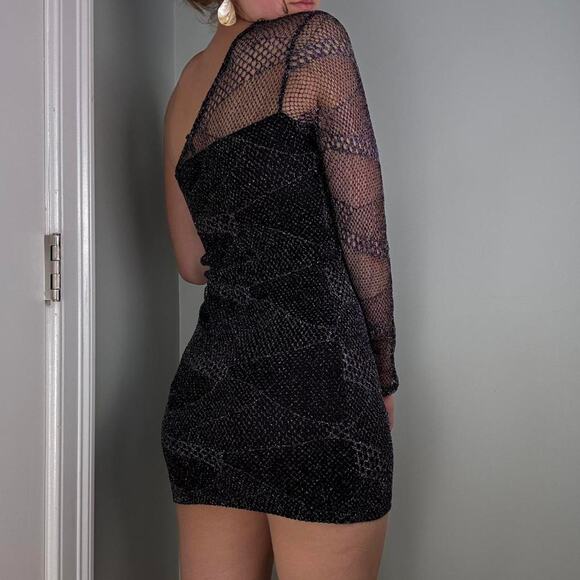 Black mesh one shoulder bodycon mini party dress silver sparkle - Picture 3 of 8